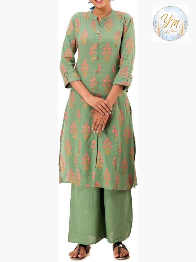 Women's Cotton Printed Tunic Top Front Slit Button Down Roll-Up Sleeves